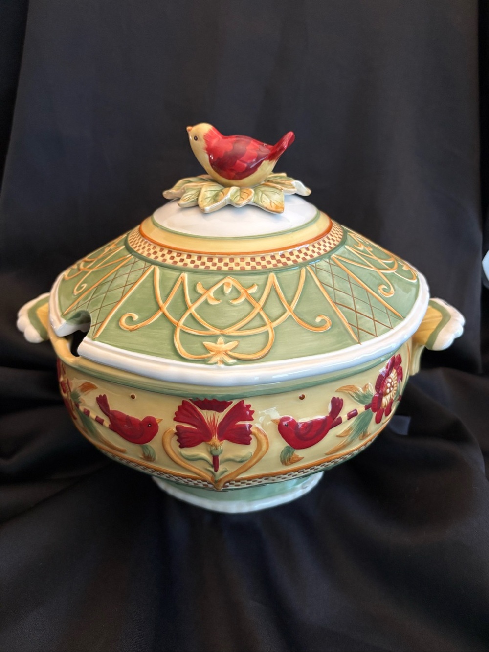 Fritz and Floyd Ceramic Covered Soup Tureen with Red Bird Accent